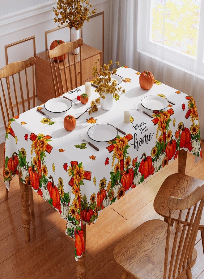 Siilues Fall Tablecloth 60x84 Inch Rectangle, Cross Pumpkins Table Cloth Seasonal Autumn Bless This Home Home Decor Waterproof Scalloped Edge Picnic Dining Table Cover - Image 3